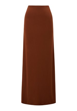 Brązowa spódnica o wysokim stanie, sięgająca do podłogi, o gładkiej, prostej sylwetce, bez widocznych wzorów czy zdobień.