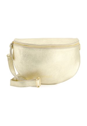 Goldfarbene metallische Kunstledertasche mit runder Form. Sie verfügt über einen Reißverschluss, einen verstellbaren Trageriemen und ein geprägtes Logo auf der Vorderseite.