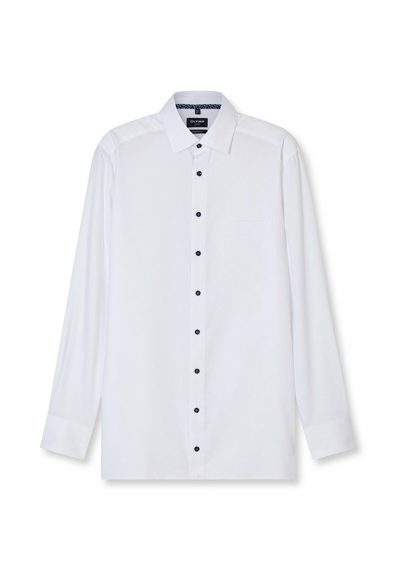 Witte heren overhemden met lange mouwen, donkere knopen, puntige kraag, borstzak en een modern fit-label in de kraag.