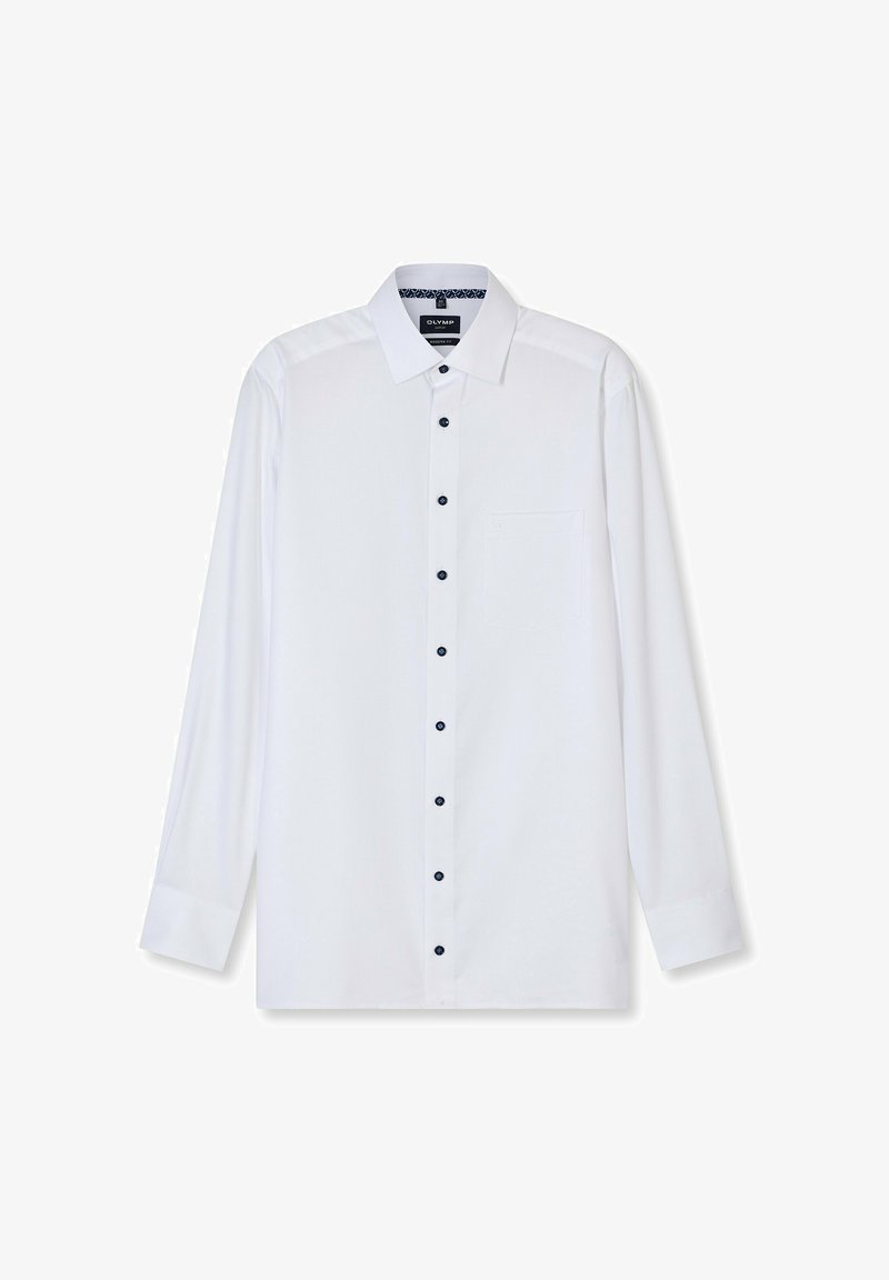 Witte heren overhemden met lange mouwen, donkere knopen, puntige kraag, borstzak en een modern fit-label in de kraag.