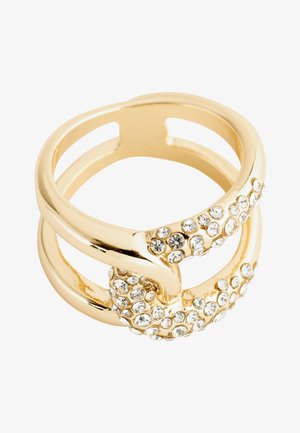 Gold ring with open double band design, adorned with clusters of small clear rhinestones on each end.