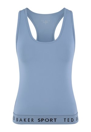 Débardeur de sport bleu clair avec dos nageur et bande élastique à l'ourlet imprimée de "Ted Baker Sport" en lettres noires.