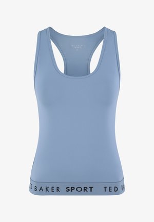 Débardeur de sport bleu clair avec dos nageur et bande élastique à l'ourlet imprimée de "Ted Baker Sport" en lettres noires.