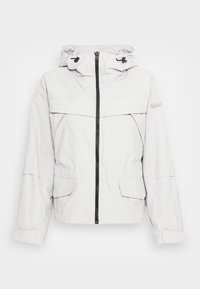 Light gray insulated jacket with a hood, featuring a zip front, two large front pockets, and black zipper details. Textured fabric with a matte finish.
