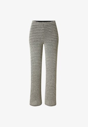 Black and white horizontal zigzag patterned straight-leg pants with elastic waistband, displayed against a white background.