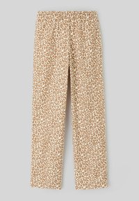 Pantalon en imprimé léopard avec une taille élastique ; fond beige avec des taches marron ; coupe droite ; texture de tissu douce.