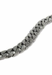 Metallkedja armband med sammanlänkade triangulära länkar, strukturerad yta, matt grå finish och en slät, böjd design för flexibilitet.