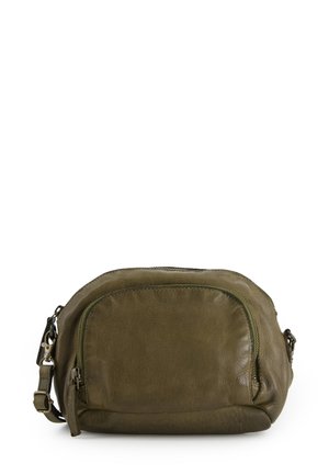 Olive green leather crossbody bag with a rounded shape, zippered top, and adjustable strap. Textured surface with visible stitching detail.