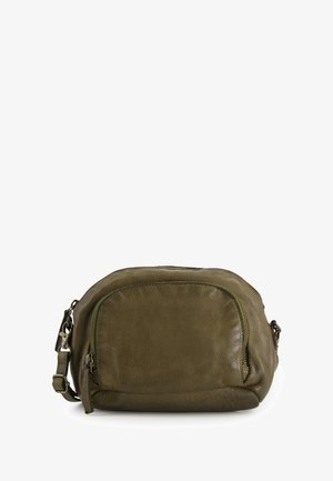 Olive green leather crossbody bag with a rounded shape, zippered top, and adjustable strap. Textured surface with visible stitching detail.