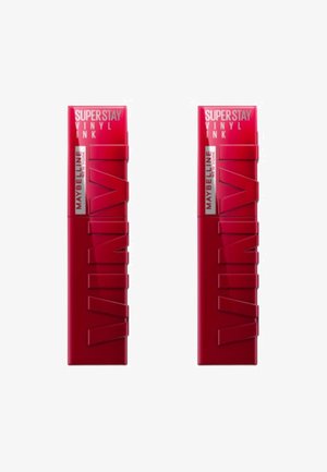 Maybelline Superstay Vinyl Ink dans un tube rouge vibrant. Présente un logo en relief et des designs angulaires. Fini lisse et brillant. Emballage double.
