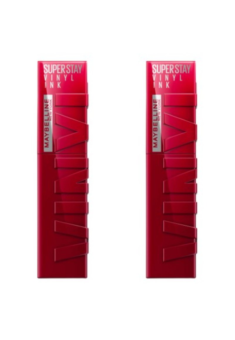 Maybelline Superstay Vinyl Ink dans un tube rouge vibrant. Présente un logo en relief et des designs angulaires. Fini lisse et brillant. Emballage double.