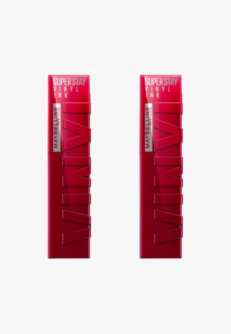 Maybelline Superstay Vinyl Ink dans un tube rouge vibrant. Présente un logo en relief et des designs angulaires. Fini lisse et brillant. Emballage double.