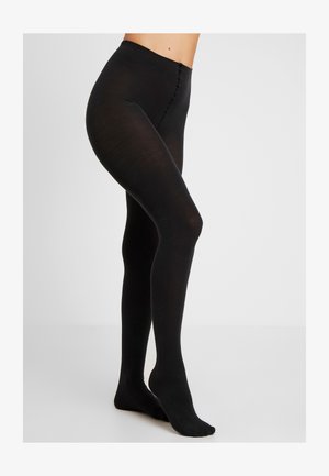 Schwarze Strumpfhosen aus einem glatten, elastischen Material, mit einem hoch geschnittenen Design und nahtlosem Erscheinungsbild. Mit einem dezenten Glanz.