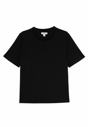Juoda trumpomis rankovėmis medvilninė marškinėliai su apvalia iškirpte ir prekės ženklo etiketė viduje apykaklės.