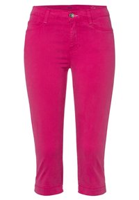 Pantalones vaqueros cortos fucsias hechos de una mezcla de algodón, con un clásico diseño de cinco bolsillos, cierre de botón en la parte delantera y dobladillo enrollado.