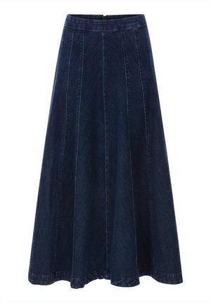 Denim maxi rok in donkerblauw. Heeft een aansluitende tailleband, een uitlopende vorm en verticale naden voor structuur. Glad materiaal over de gehele lengte.