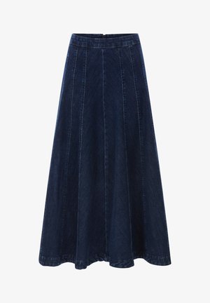 Duga traper suknja u tamnoplavoj boji. Sadrži prilagođeni pojas, lepršavi dizajn i vertikalne šavove za strukturu. Glatka tekstura kroz cijelu suknju.