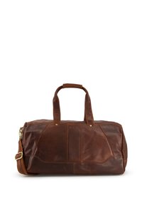 Brązowa torba podróżna z miękkiej skóry, z podwójnymi uchwytami, odpinanym paskiem na ramię, fakturowaną powierzchnią i złotymi akcentami metalowymi.