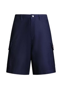 Μπλε σκούρες cargo σορτς με θηλιές για ζώνη, κούμπωμα με κουμπί μπροστά και πλαϊνές τσέπες με καπάκι σε κάθε πόδι.