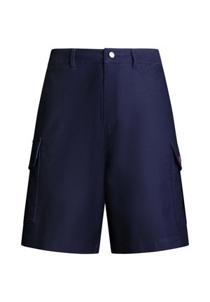 Tumši zili darba šorti ar jostas cilpām, priekšējo pogas aizdari un sānu atloku kabatām abās kājās.