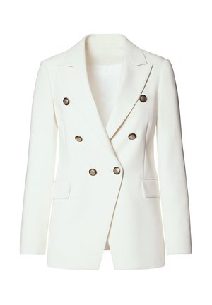 Biała dwurzędowa marynarka z złotymi guzikami, z wyłogami i dwoma przednimi kieszeniami. Wykonana z gładkiego, teksturowanego materiału.