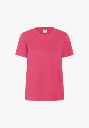 Rosa Kurzarm-T-Shirt aus weichem Baumwollstoff. Mit klassischem Rundhalsausschnitt und lockerer Passform. Keine sichtbaren Muster oder Verzierungen.