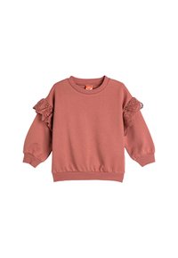Różowy sweatshirt z długimi rękawami, prążkowanymi mankietami i dołem oraz koronkowymi falbankami na ramionach. Wykonany z miękkiego materiału.