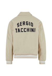 Smėlinis džemperis striukė su apykakle, ant nugaros pagražinta dideliu juodu siuvinėtu tekstu "SERGIO TACCHINI" ir dryžuotomis rankogaliais.