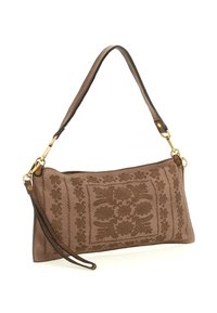 Borsa rettangolare marrone con ricami floreali, tracolla corta, tracolla staccabile e hardware color oro.
