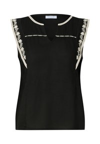 Blouse noire sans manches avec broderie florale blanche sur les épaules et bordure beige autour de l'encolure et des emmanchures.