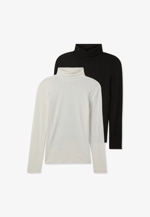 Set di due maglie a collo alto in bianco e nero, realizzate in un materiale liscia e elasticizzato, con maniche lunghe e un collo aderente.