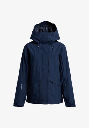 Marineblaue wasserdichte Jacke mit einer großen Kapuze, mehreren Taschen, verstellbaren Bündchen und einem Logo auf dem Ärmel. Glattes, strapazierfähiges Material.