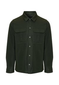 Donkergroen button-up shirt met lange mouwen, twee borstzakken en grijze drukknoopsluiting. Glad textuur met een ontwerp met kraag.