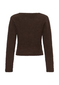 Barna, hosszú ujjú pulóver, cropped kivitelben, textúrált, bolyhos anyagból készült. Egyenes nyakkivágással és testhez simuló ujjakra jellemző.