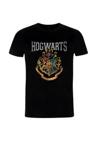 Czarny bawełniany T-shirt z kolorowym herbem Hogwartu z złotymi akcentami oraz napisem "HOGWARTS" w kolorze szarym u góry.