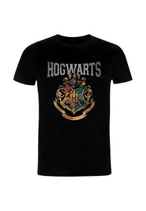 Czarny bawełniany T-shirt z kolorowym herbem Hogwartu z złotymi akcentami oraz napisem "HOGWARTS" w kolorze szarym u góry.