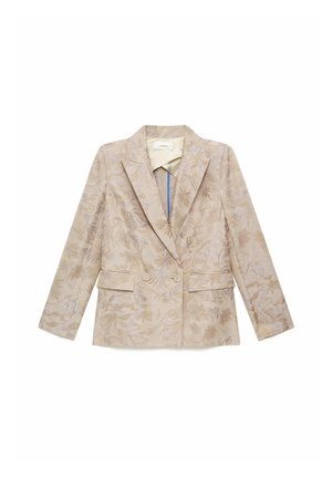 Blazer beige da donna con motivo floreale, rever a lancia, due bottoni e tasche frontali con patta su sfondo bianco.