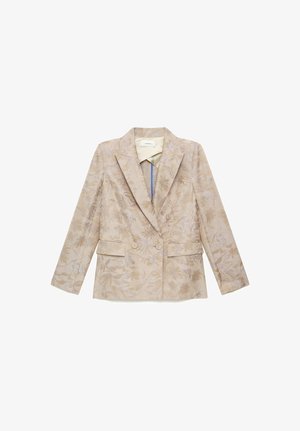 Blazer beige da donna con motivo floreale, rever a lancia, due bottoni e tasche frontali con patta su sfondo bianco.