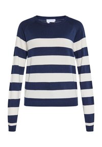 Marineblauwe en witte gestreepte trui met lange mouwen, ronde hals en geribbelde zoom. Gemaakt van zachte, lichte breikatoen.