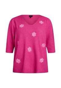 Rosa gestrickter Pullover mit V-Ausschnitt und kurzen Ärmeln. Verfügt über weiße Blumenstickerei sowie gerippte Bündchen und Saum.