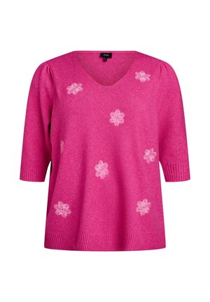 Pullover rosa lavorato a maglia con scollatura a V e maniche corte. Presenta ricami floreali bianchi e polsini e fondo a costine.