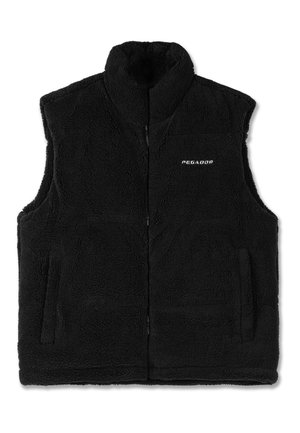 Zwarte fleece vest met hoge kraag, ritssluiting aan de voorkant en twee zijzakken. Heeft een gestructureerd oppervlak en een reliëflogo op de linkerkant van de borst.