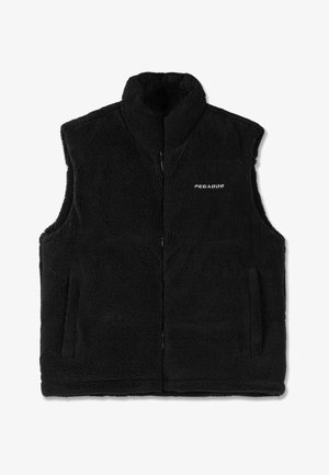 Must must vest kõrge kaelusega, lukuga eest ja kahe küljetaskuga. Omab tekstuurset pinda ja reljeefset logo vasakul rinnal.