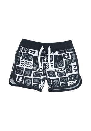 Czarno-białe kąpielówki z powtarzającym się graficznym wzorem przedstawiającym życie morskie i kształty, z elastycznym paskiem w talii i bocznymi rozcięciami.