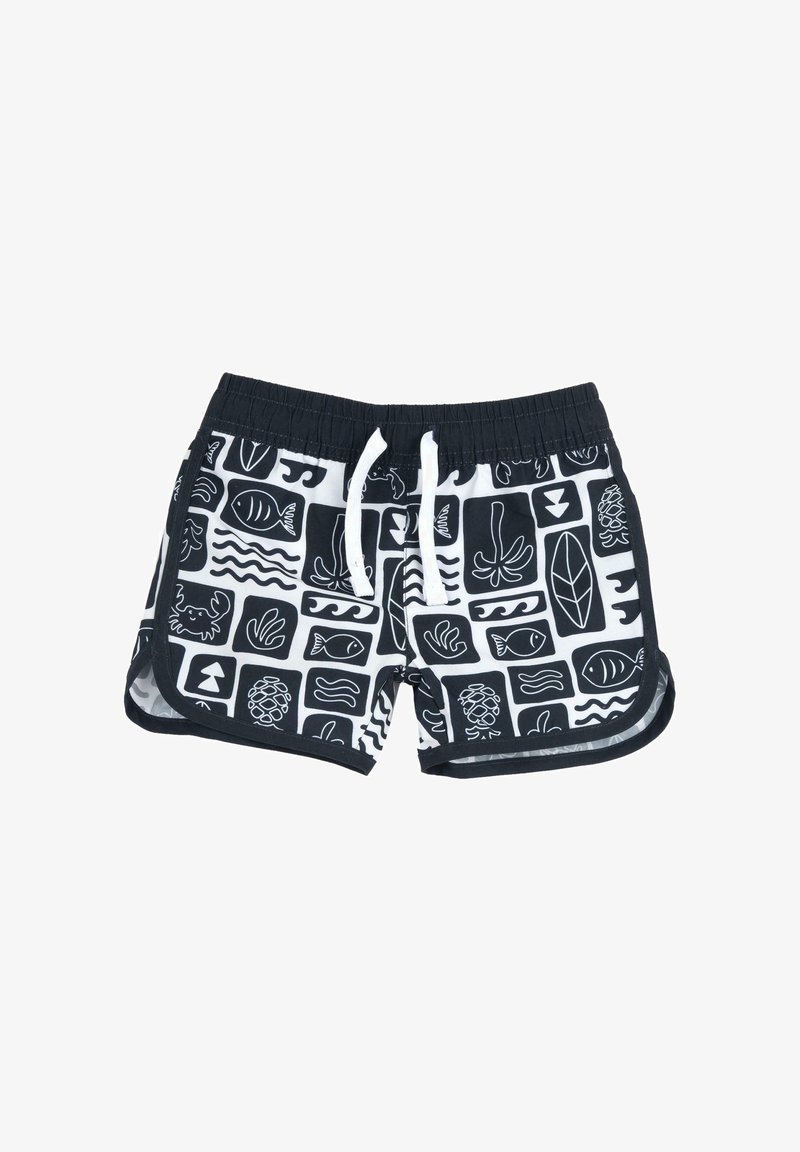 Short de bain noir et blanc avec un motif graphique répété de vie marine et de formes, doté d'une taille élastique et de fentes latérales.