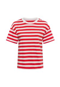 Red and white striped t-shirt with a round neckline. Features a small blue Eiffel Tower design on the left chest. Cotton material.