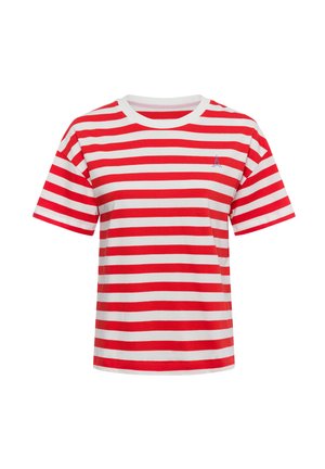 Red and white striped t-shirt with a round neckline. Features a small blue Eiffel Tower design on the left chest. Cotton material.