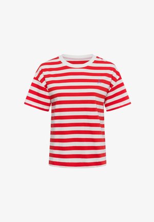 Red and white striped t-shirt with a round neckline. Features a small blue Eiffel Tower design on the left chest. Cotton material.