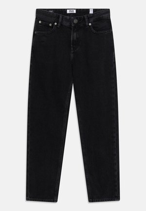 Jean en denim noir avec une coupe droite, présentant un design à cinq poches, des coutures contrastées, un bouton en métal et une fermeture à glissière.
