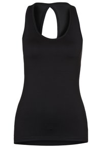 Zwarte sportieve tanktop gemaakt van soepel, elastisch materiaal; heeft een racerback ontwerp met een ademende mesh inzet aan de achterkant.